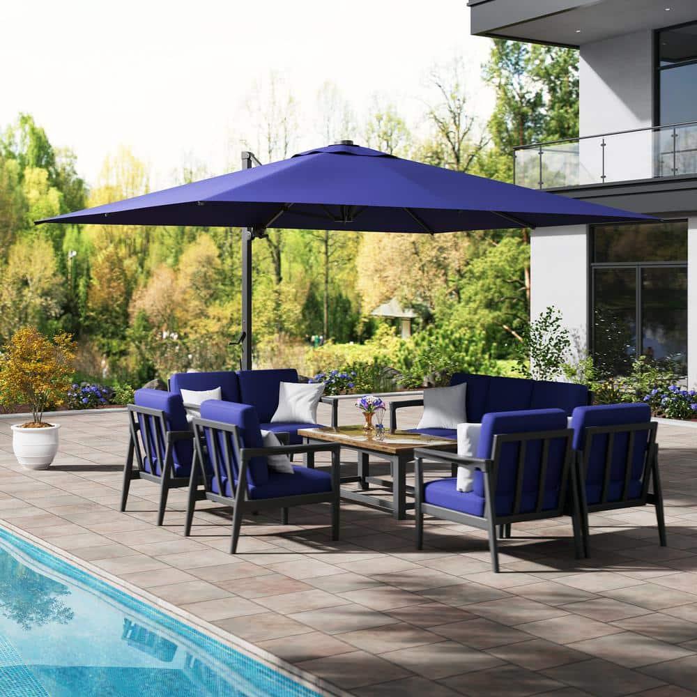 Mondawe 10x13 Ft Patio Cantilever Umbrella with Base,360° Rotation Offset and LED Light Panel,Large Rectangular Outdoor Umbrella for Pool Deck, Navy