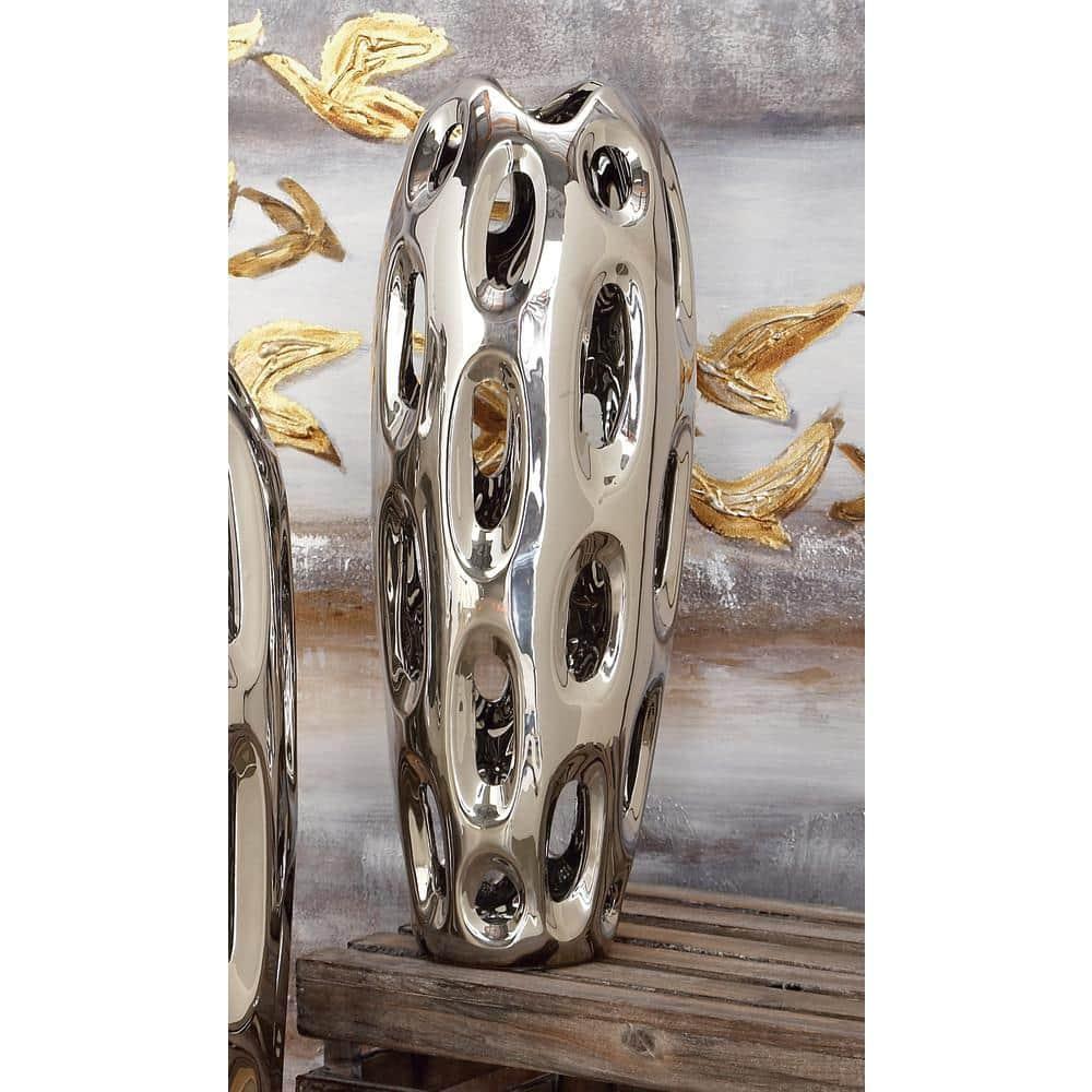 DecMode 16" Silver Ceramic Vase with Cut Out Designs