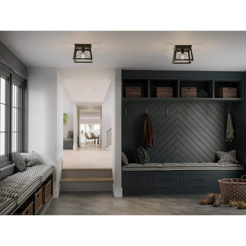 Progress Lighting Briarwood 1-Light Flush Mount, Textured Black, Faux-Painted Wood Enclosure