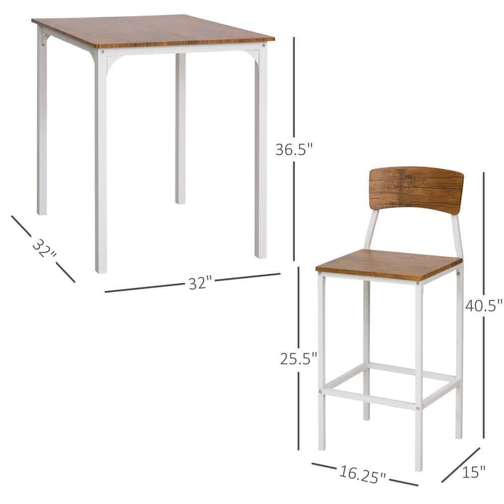 HOMCOM 3 Piece Bar Table and Chairs Set, Industrial Small Dining Table Set for 2, Square Kitchen Table and Stools, Walnut and White
