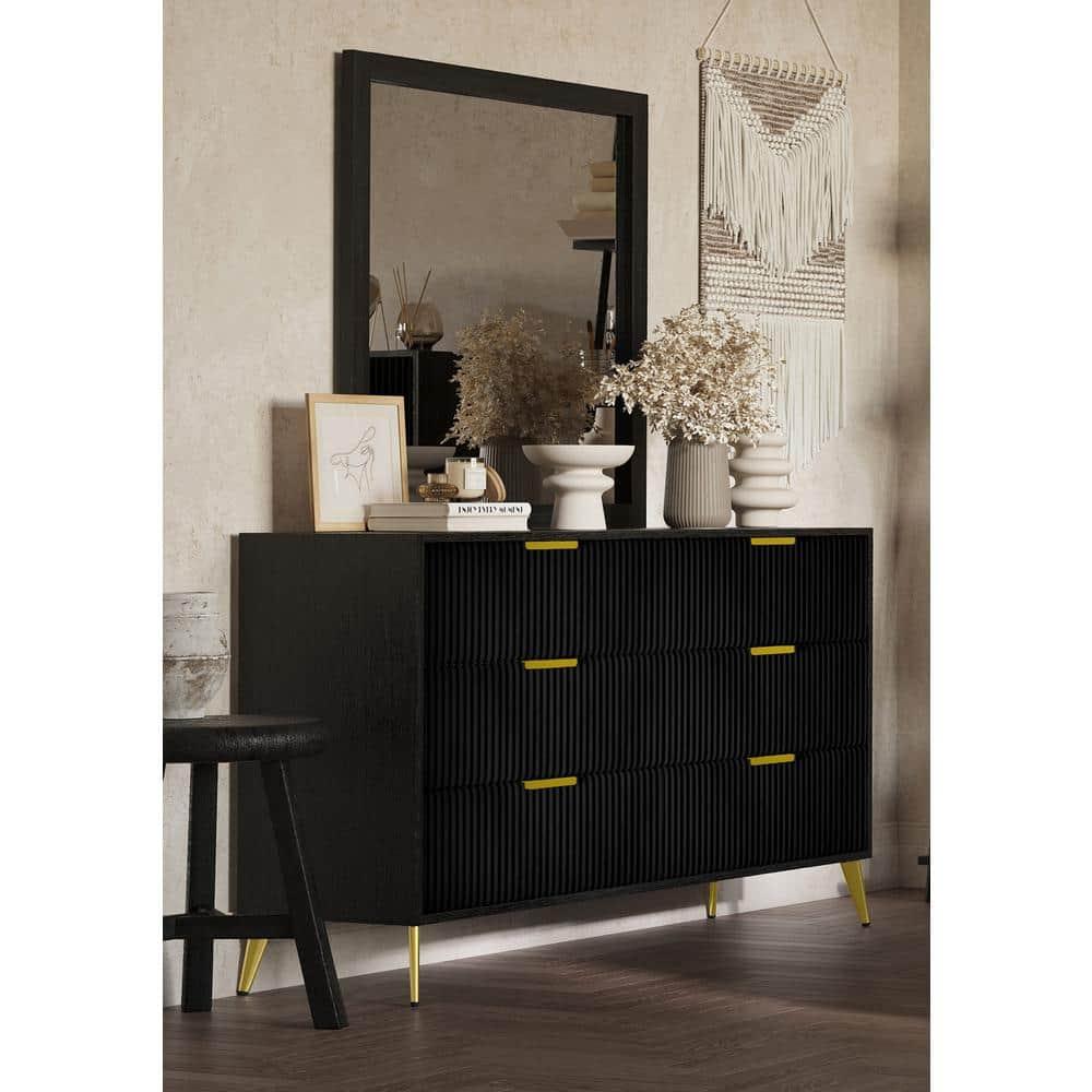 New Classic Furniture Kailani Wood Dresser with Mirror, 6 Drawers, Black