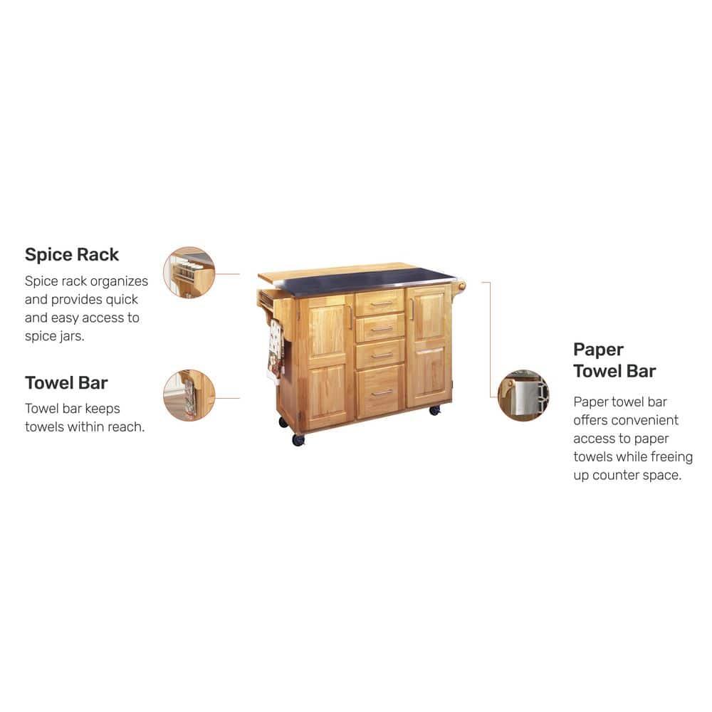 Breakfast Bar Kitchen Cart Natural with Stainless Steel Top - Home Styles: Rolling Island, Storage, Modern Design