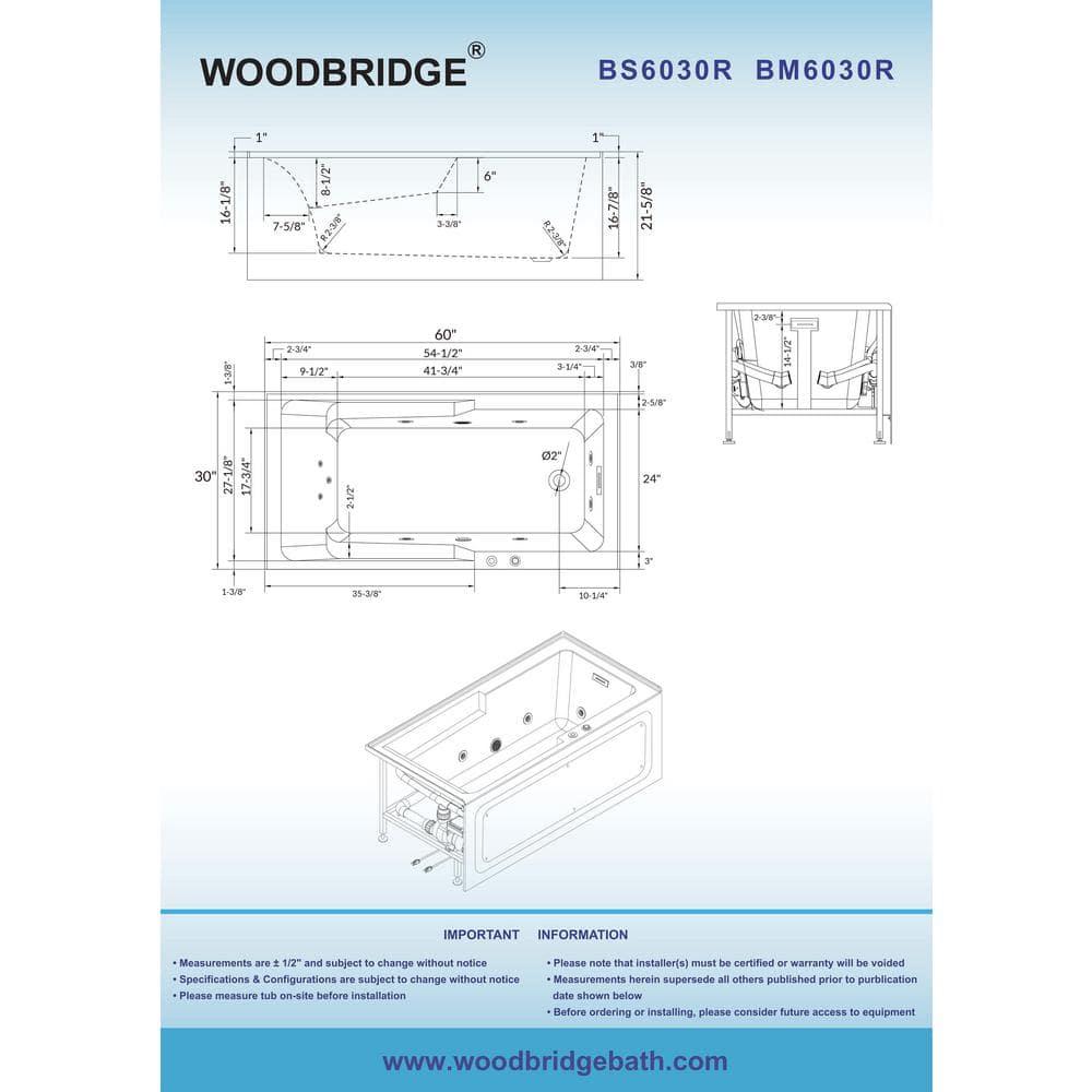 60" x 30" Whirlpool Heated Rectangular Alcove Acrylic Bathtub with Chrome/Matte Black Drain and Overflow
