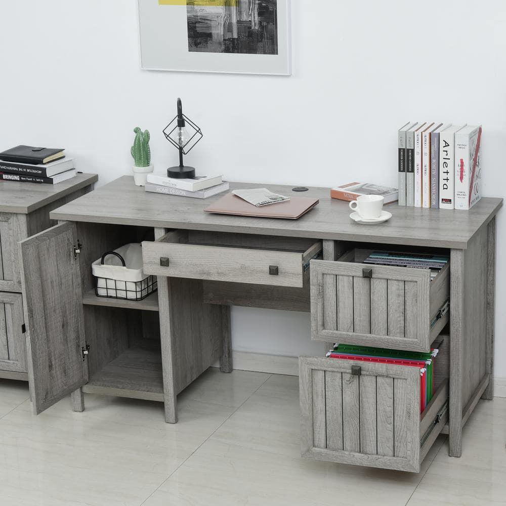 HOMCOM Vintage Executive Computer Desk, Home Office Work station, Student Table with Cabinet & 3 Drawers for Hanging Files, gray