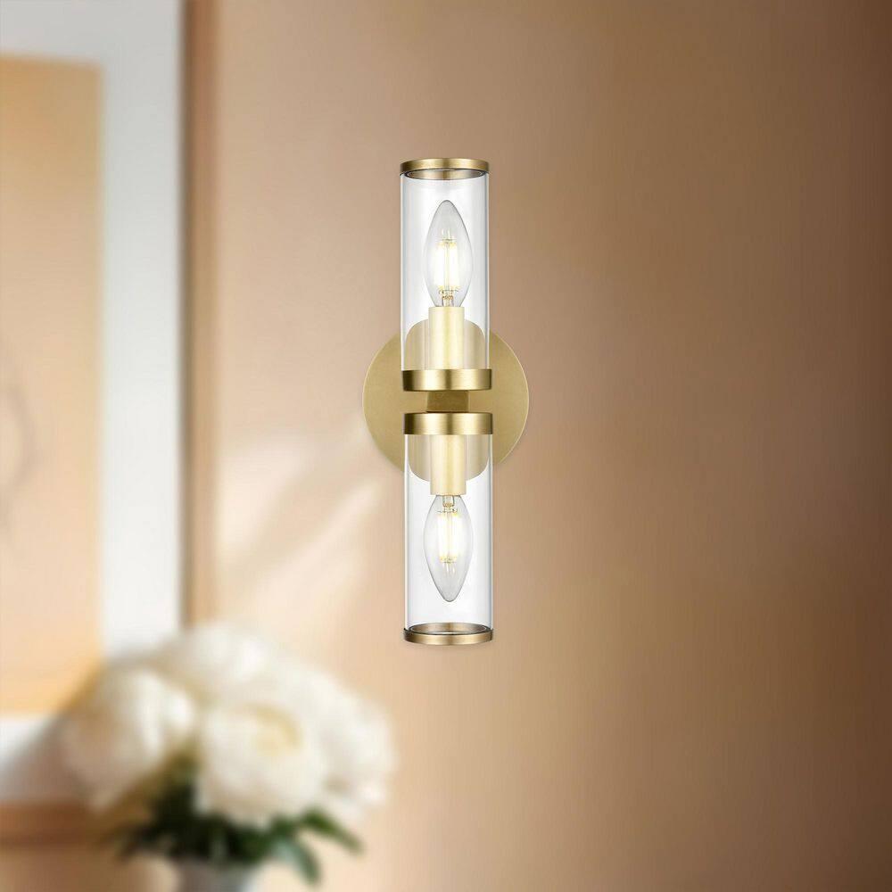 Natural Brass and Clear Glass Cylinder Wall Sconce