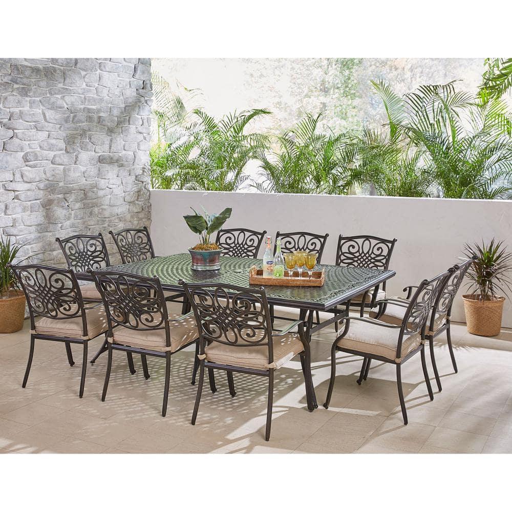 Hanover Traditions 11-Piece Outdoor Patio Dining Set with 60" x 84" Cast-Top Table and 10 Thick Foam Cushioned Chairs with Heavy-Duty Aluminum Frames | TRADDN11PC