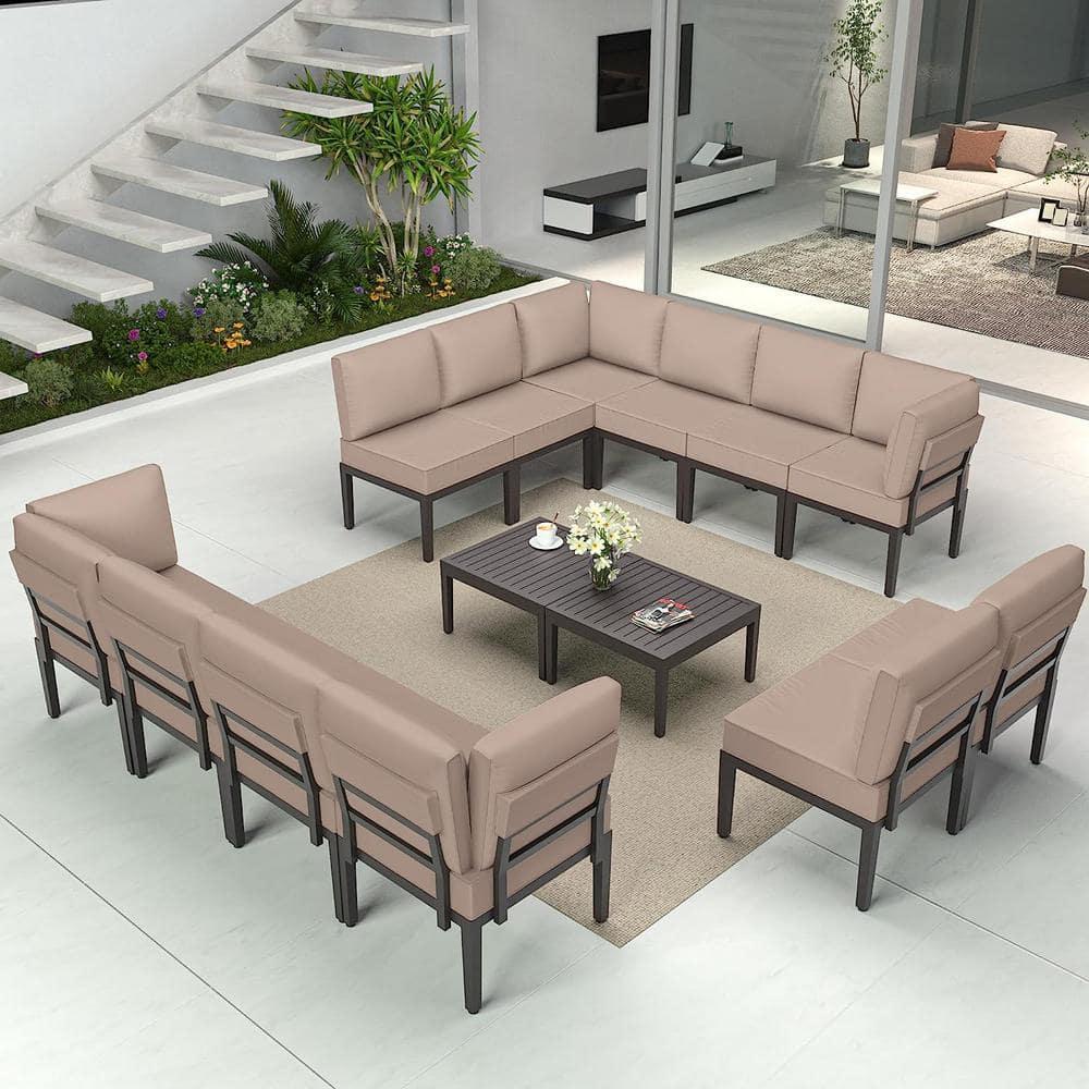 Kullavik Aluminum Patio Furniture Set,14 Pieces Modern Outdoor Conversation Set, Outdoor Metal Sectional Sofa with Thick Cushion and Coffee Table,Sand