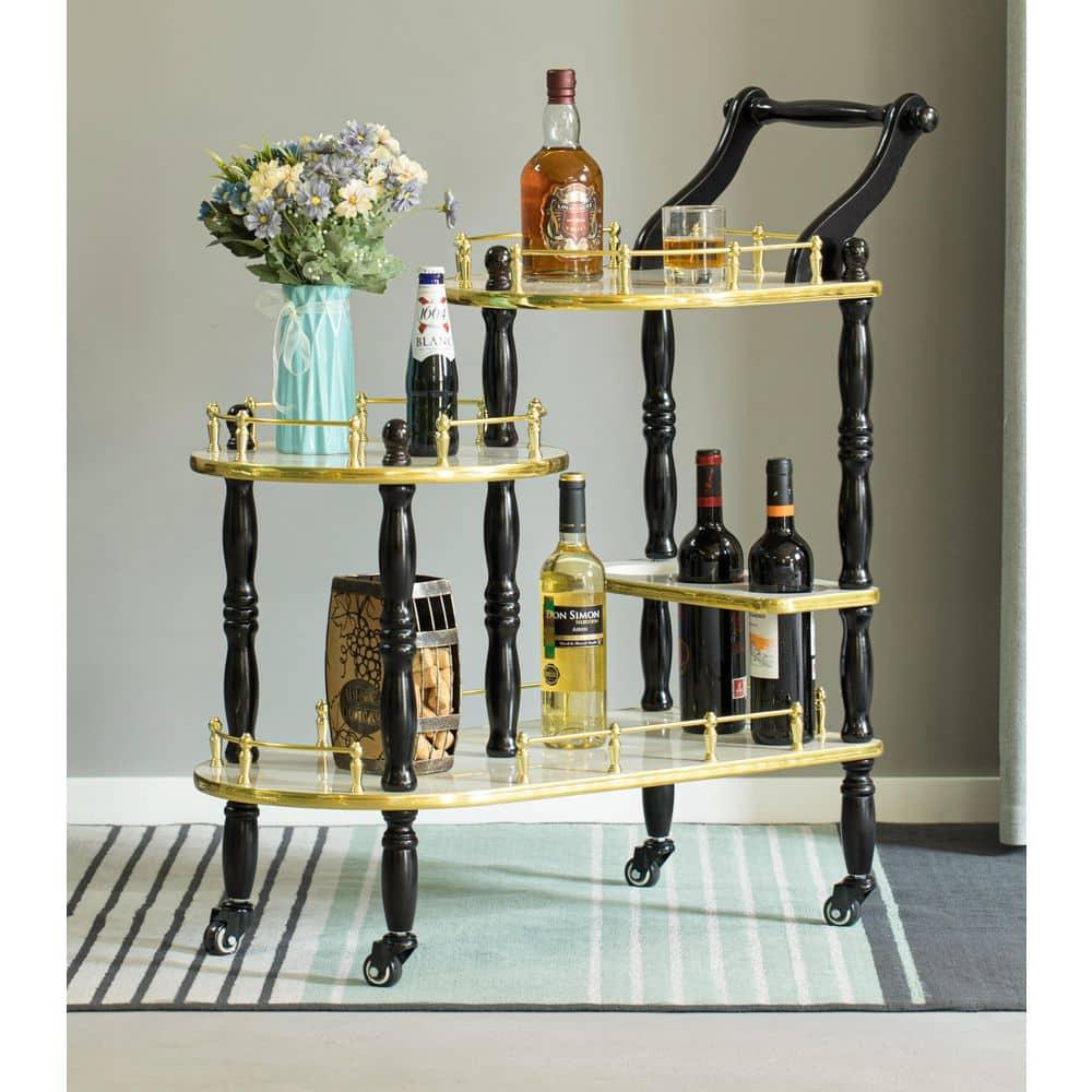 Wood Serving Bar Cart Tea Trolley with 3 Tier Shelves and Rolling Wheels