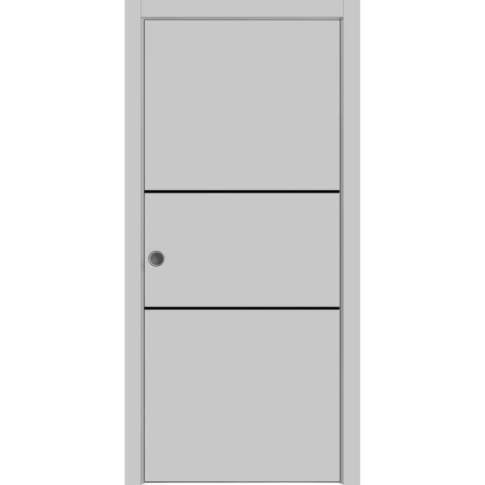 Sliding French Pocket Door 36 x 80 inches with | Planum 0014 Grey Ash with Frosted Glass | Kit Trims Rail Hardware | Solid Wood Interior Bedroom Sturdy Doors