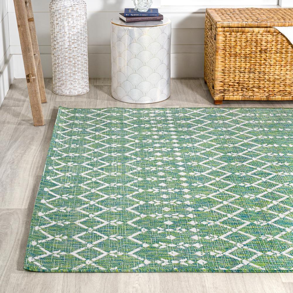 3' x 5' Ourika Moroccan Geometric Textured Weave Indoor/Outdoor Area Rug, Green/Cream - JONATHAN Y