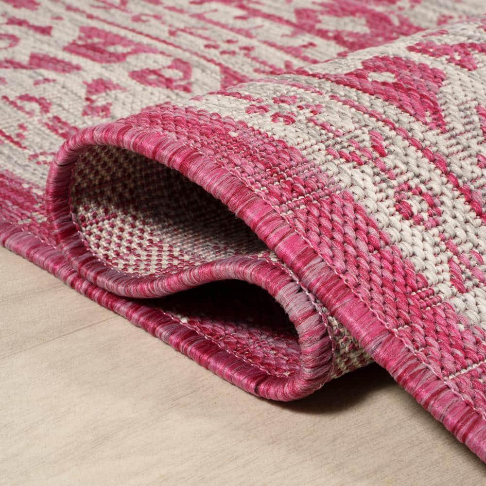 5' Round Sinjuri Medallion Textured Weave Indoor/Outdoor Area Rug, Fuchsia/Light Gray - JONATHAN Y