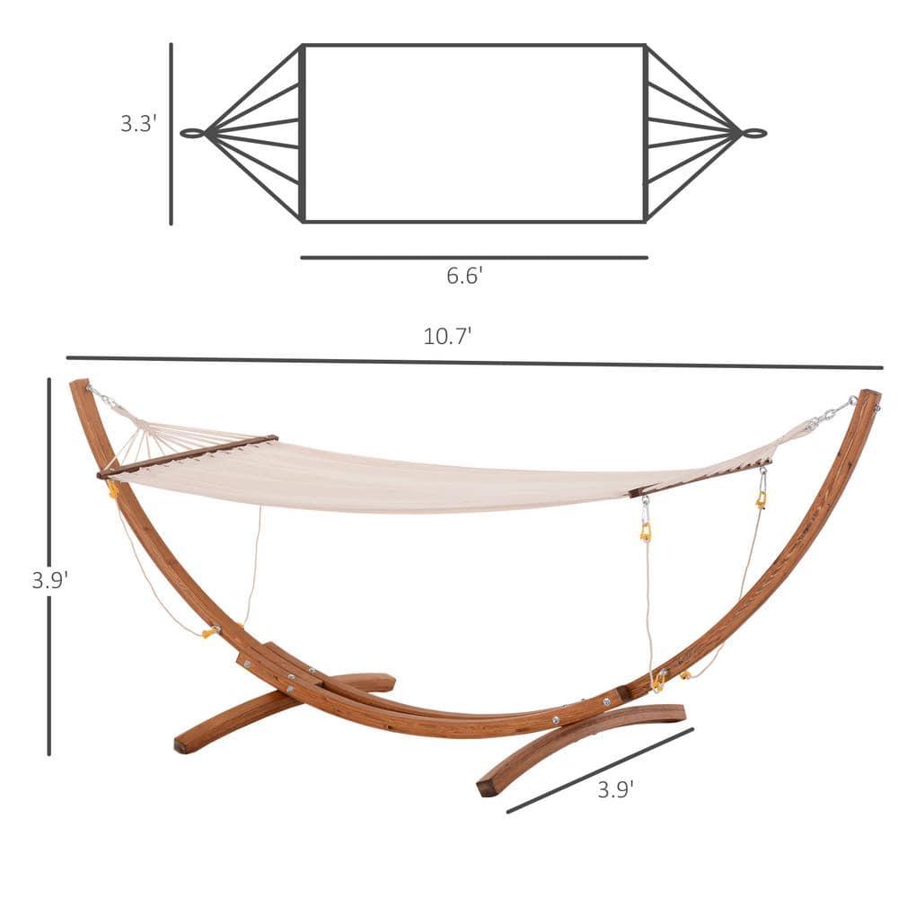 Outsunny Outdoor Hammock with Stand, Heavy Duty Wooden Frame, No Tree Needed, Indoor Outside Boho Style Nap Bed, Natural Cotton, White