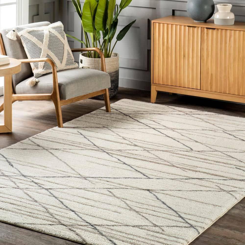 Arvin Olano x Rugs USA - Pick-Up-Sticks Machine Washable Wool Indoor Area Rug Ivory 5' x 8'