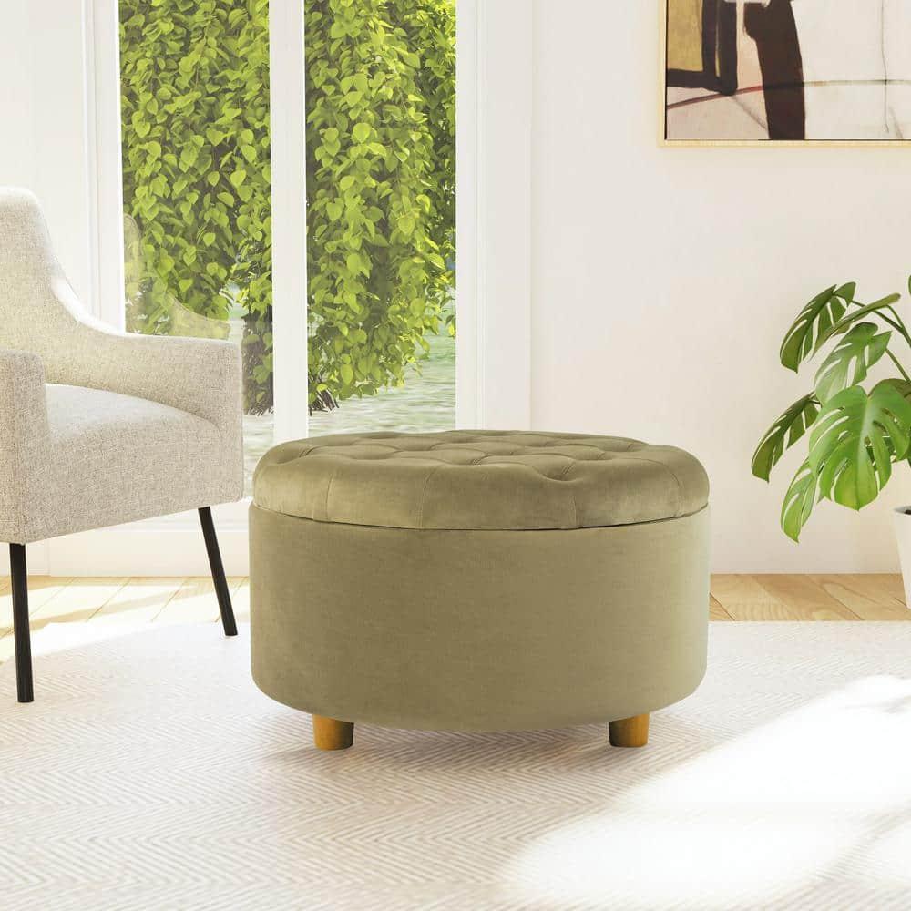 Tufted Round Storage Ottoman Light Sage Green Velvet - HomePop
