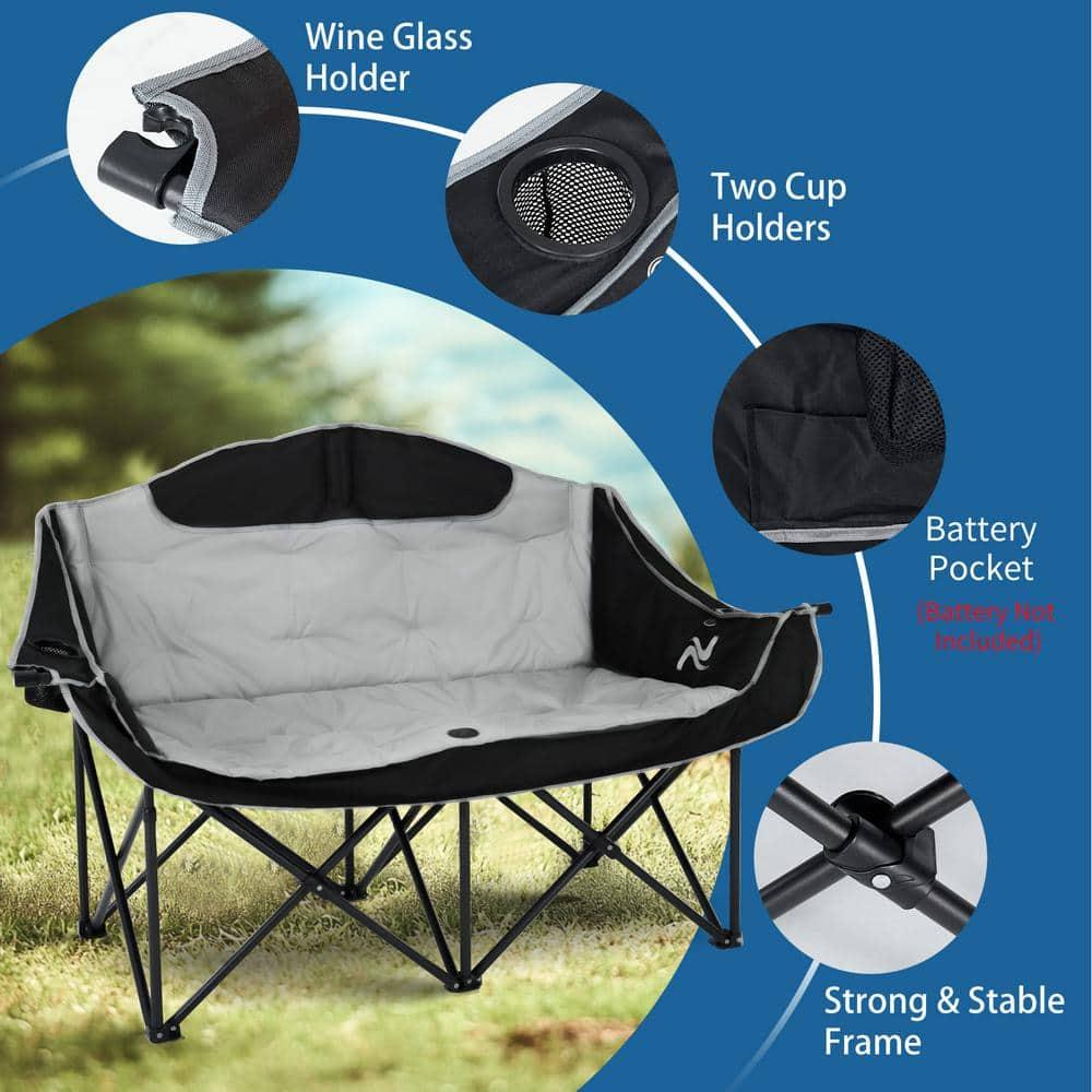 Slsy XXXL Double Camping Chair, Oversized Loveseat Camping Couch, Fully Padded Heavy Duty Outdoor Folding Chair w/ 2 Cup & Wine Glass Holder Support 900 lbs