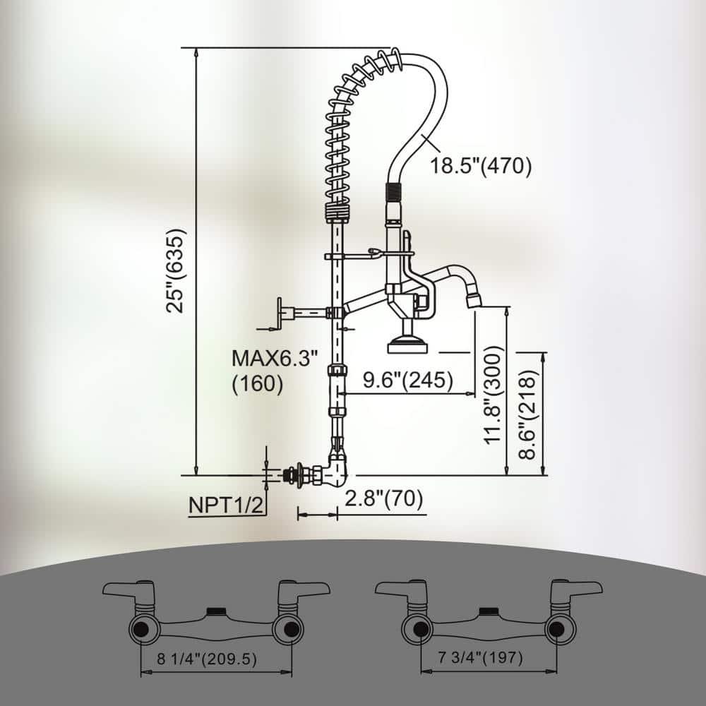 Commercial Kitchen Sink Faucet with Pull Down Sprayer, Pre-Rinse Wall Mount Faucet Chrome Commercial Kitchen Faucets with Sprayer 25" Height Water Faucets with 9.6" Add-on Swing Spout for Restaurant