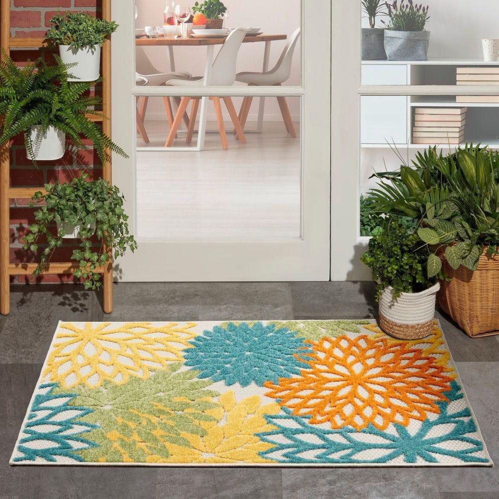 Nourison Aloha Floral Bloom Flatweave High-Low Indoor Outdoor Area Rug Turquoise Multicolor 2'8" x 4'