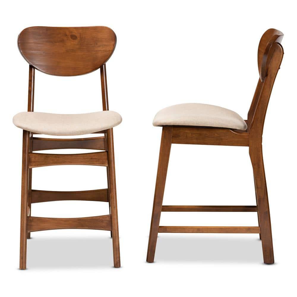 2pc Katya Fabric Upholstered and Wood Counter Height Barstool Set Brown - Baxton Studio: Walnut Finish, Foam Padded