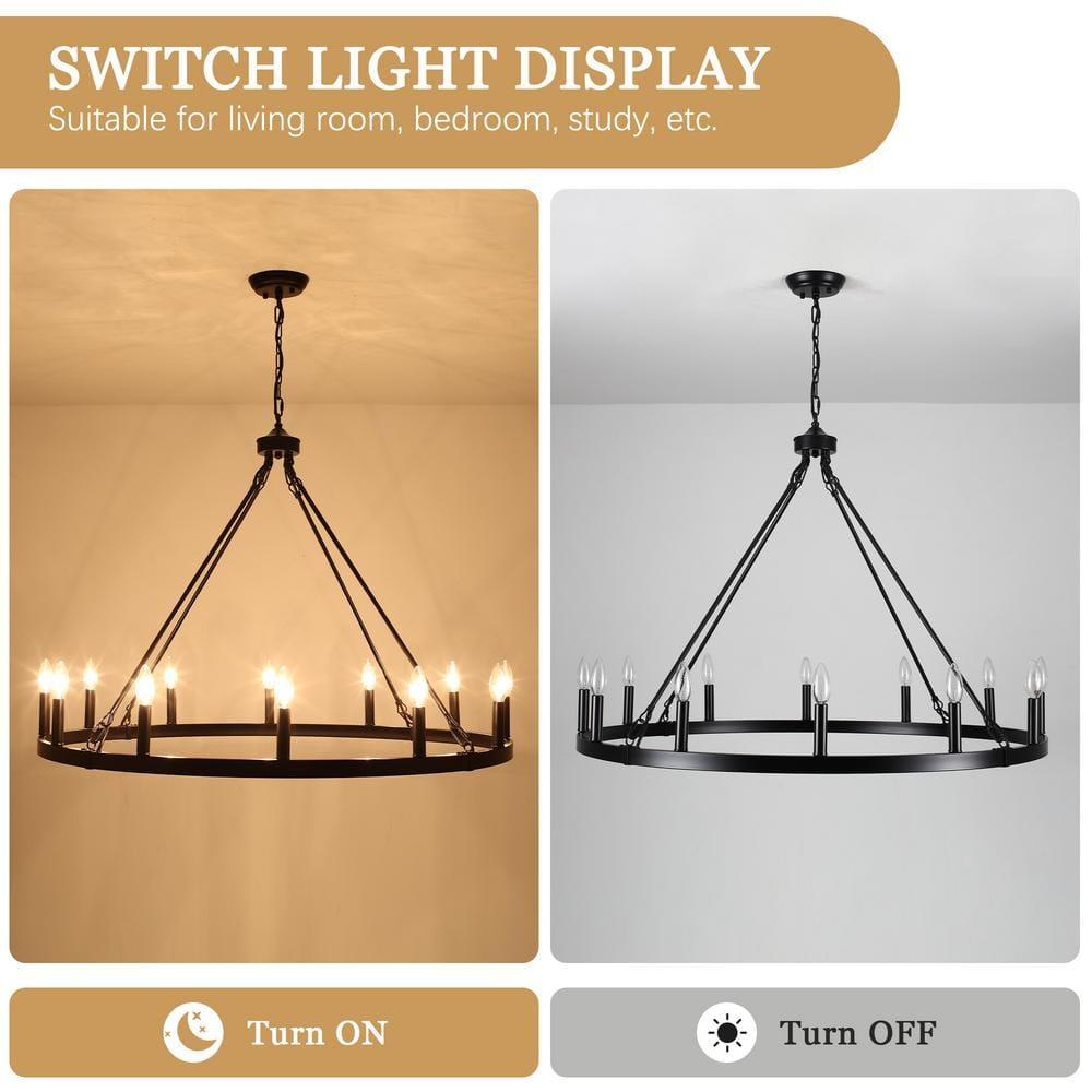 12-Light Black Farmhouse Candle Design Circle Iron Wagon Wheel Chandelier for Dining Room with No Bulbs Included