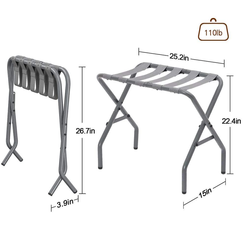 BINO 2-Pack Folding Luggage Rack Collapsible Metal Suitcase Stand With Durable Black Nylon Straps- For Bedroom, Guest Room, Or Hotel (Gray Steel)