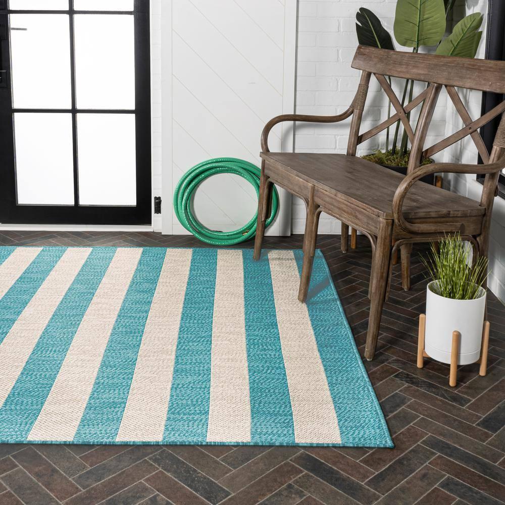 3' x 5' Negril Two-Tone Wide Stripe Indoor/Outdoor Area Rug, Aqua/Cream - JONATHAN Y