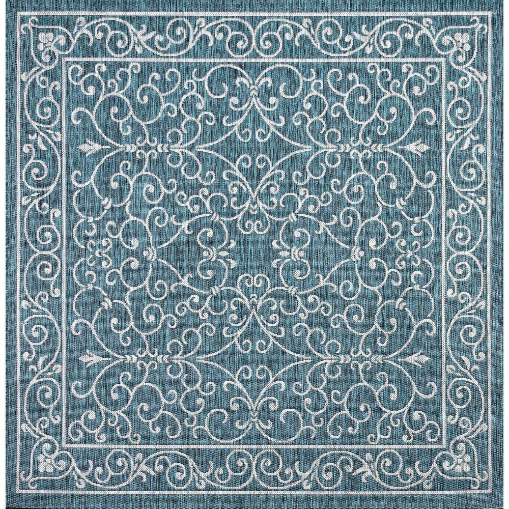 5' Square Charleston Vintage Filigree Textured Weave Indoor/Outdoor Area Rug, Teal/Gray - JONATHAN Y