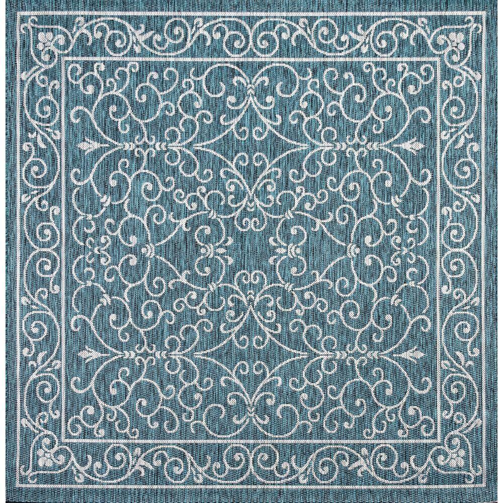 5' Square Charleston Vintage Filigree Textured Weave Indoor/Outdoor Area Rug, Teal/Gray - JONATHAN Y
