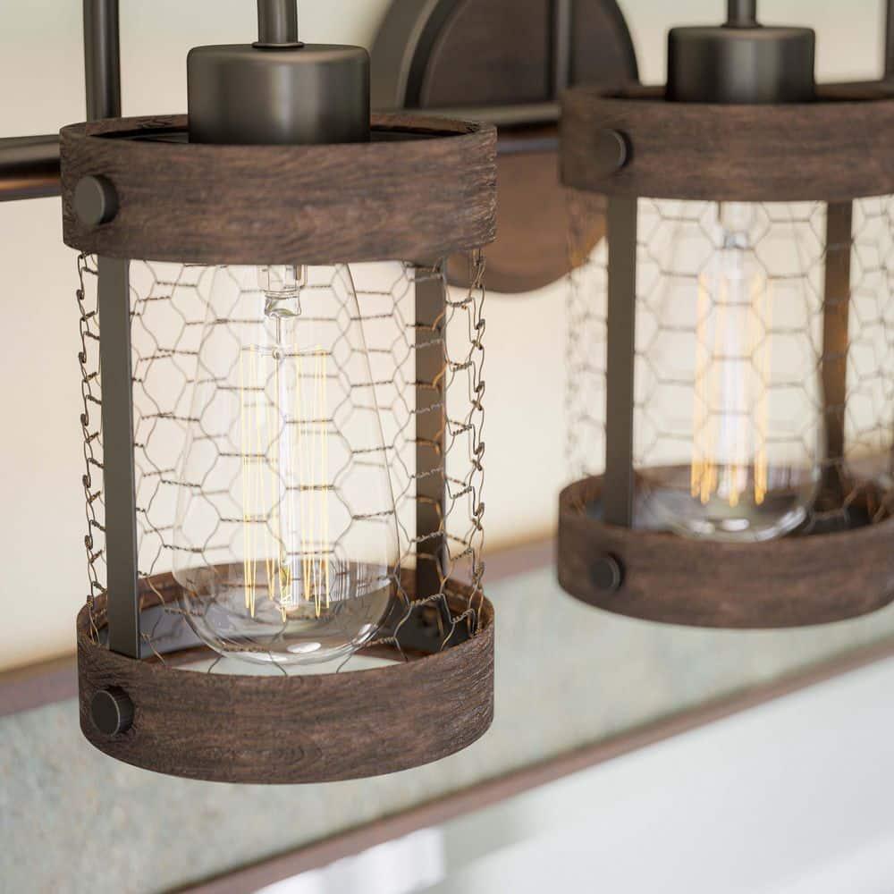 Co-t Kenroy Home Industrial Farmhouse 3-Light Bath Vanity Fixture With Chicken Wire Mesh Shades & Distressed Wood Accents