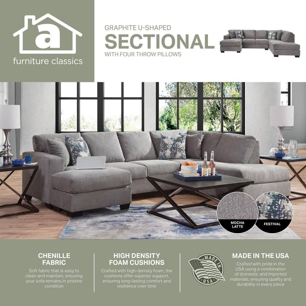 American Furniture Classics Graphite U Shaped Sectional with 4 Throw Pillows