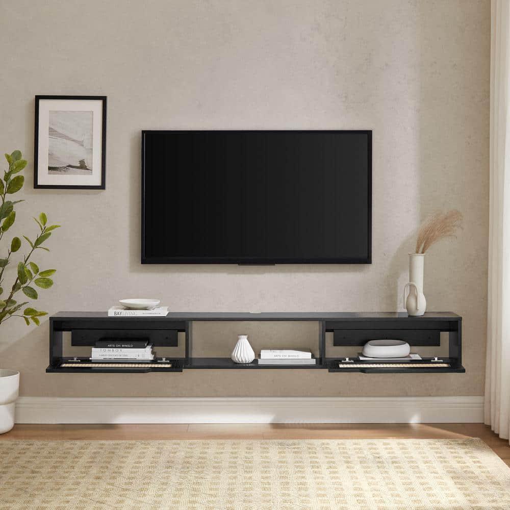 Walker Edison Modern Rattan-Door Floating TV stand for TVs up to 80”, Black