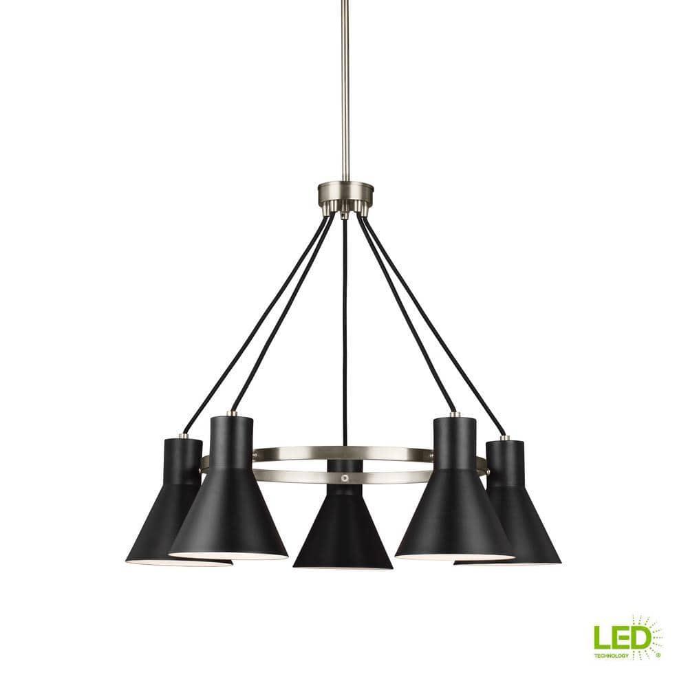 Towner 5-Light Brushed Nickel Accents Chandelier with LED Bulbs Black Shade