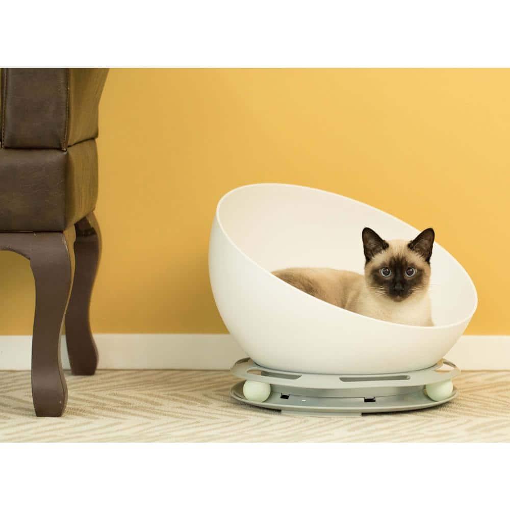 White Plastic Round Cat Lounge with Plush Velvet Cushion