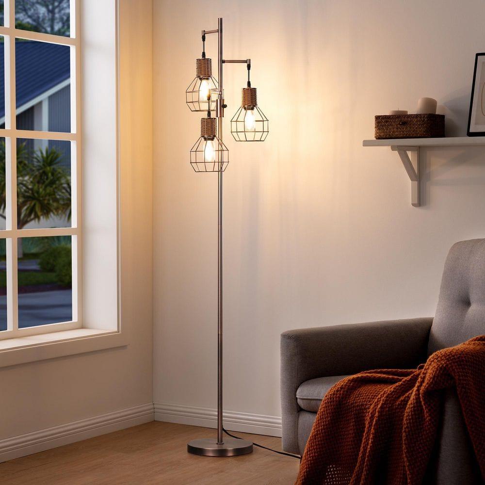 EDISHINE Dimmable Rustic Floor Lamp, Farmhouse Standing Lamp with 3 LED Edison Bulbs, Rattan Design Floor Lamps for Living Room, Bedroom, Reading Corner, Office, Electroplated Brushed Red Copper