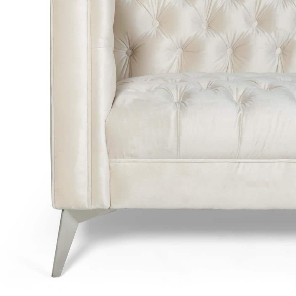 Noble House Camden Tufted Velvet Sofa, Beige, Silver