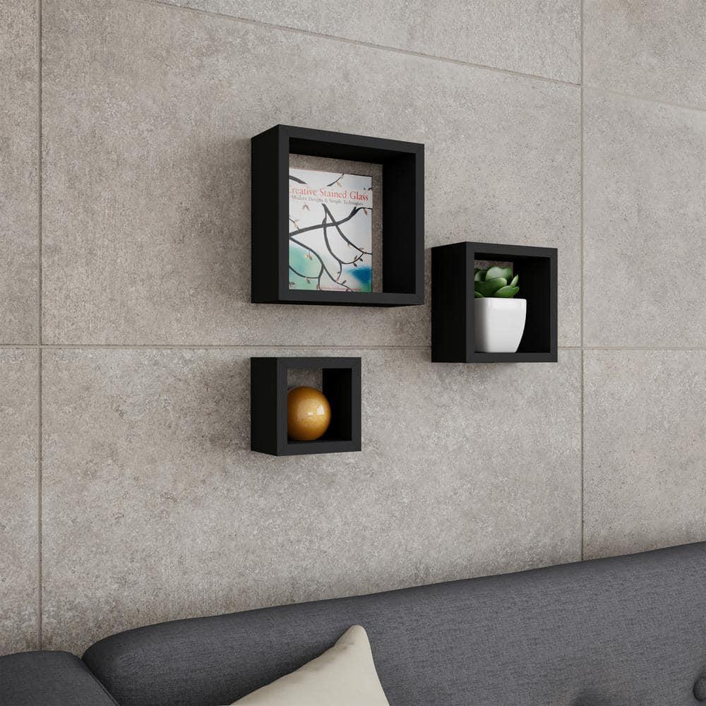 Floating Shelves- Cube Wall Shelf Set with Hidden Brackets, 3 Sizes to Display Decor, Books, Photos, More- Hardware Included by Lavish Home (Black)
