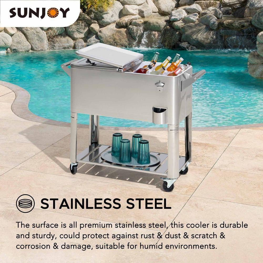 Sunjoy Sunjoy 80 Quart Patio Cooler Cart Stainless Steel Rolling Ice Chest With Steel Bottle Opener, Shelf And Lockable Wheels