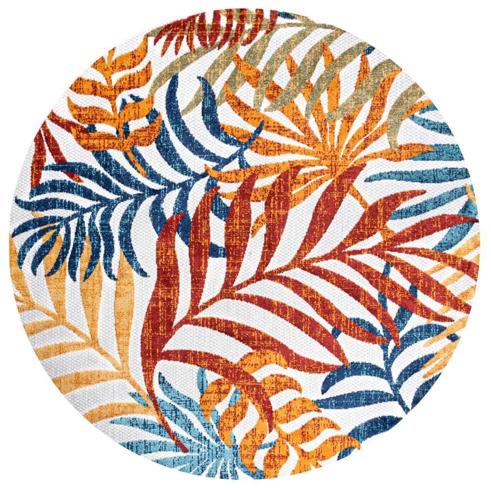 5' Round Tropics Palm Leaves Indoor/Outdoor Area Rug, Cream/Orange - JONATHAN Y