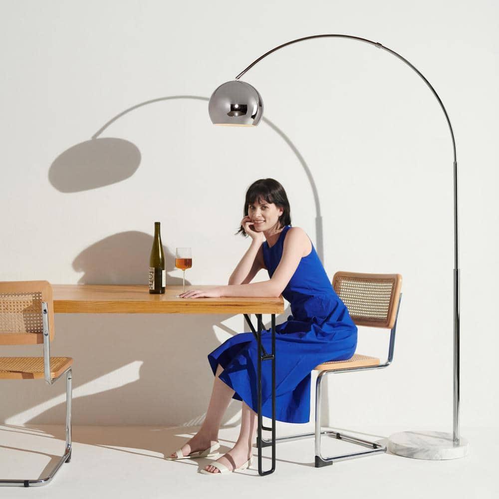 Brightech Olivia 75" Modern Industrial LED Arc Floor Lamp with Silver Chrome Finish, White Marble Base, and Metal Bowl Shade, Bulb Included