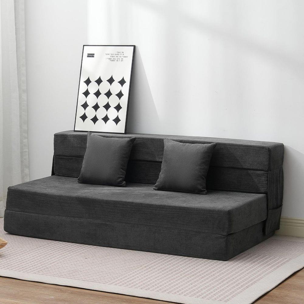 VEVOR Folding Sofa Bed, 3-in-1 Foldable Couch Bed with 2 Pillows and Washable Cover, 25D High Density Memory Foam Sleeper Chair Bed, Dark Grey(Queen)