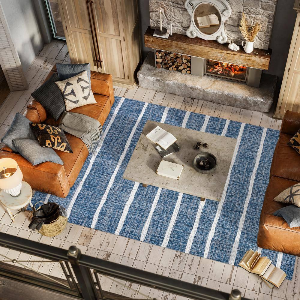 3'x5' Colonia Berber Stripe Indoor/Outdoor Area Rug, Blue/Ivory - JONATHAN Y