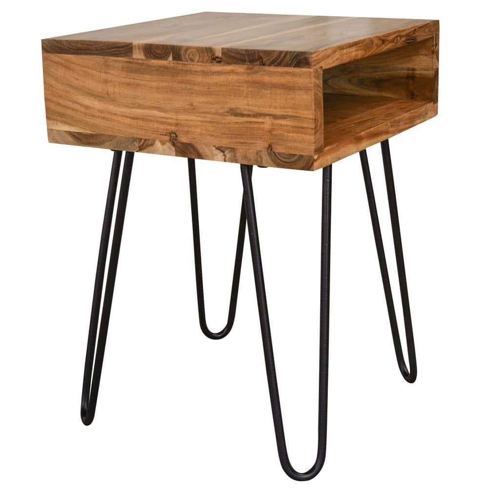 16 in. Brown Acacia Wood End Table with Metal Hairpin Legs