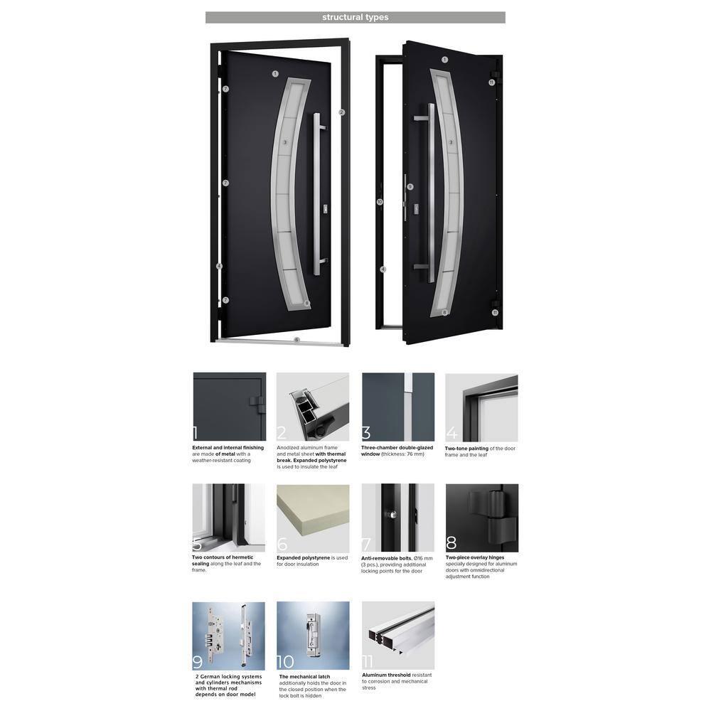 Front Exterior Prehung Steel Door / Ronex 1011 Grey / Stainless Inserts Entry Metal Modern Painted