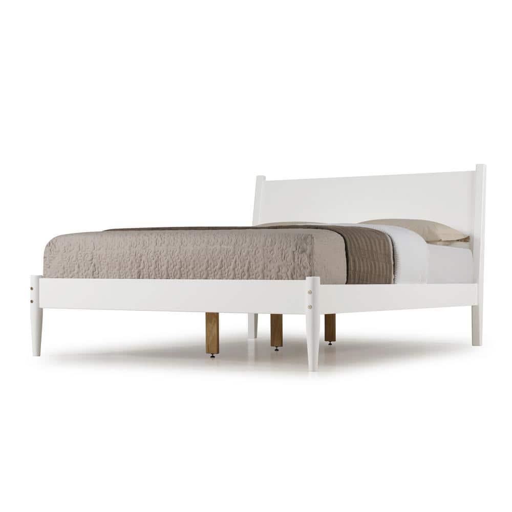Camaflexi Mid Century Platform Bed Wood Panel Bed Frame with Headboard, Queen, White