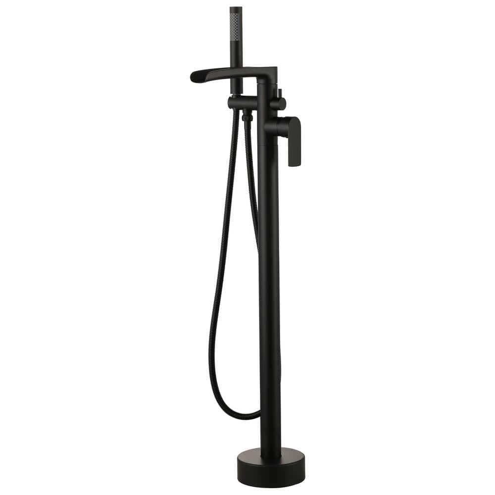 MOGFCT Waterfall Freestanding Bathtub Faucet Set Single Handle Floor Mount Tub Filler with Hand Shower ,Matte Black