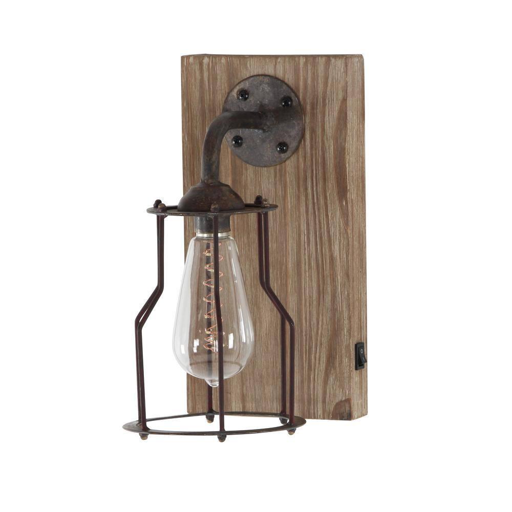 DecMode Industrial Metal Wall Sconce with Wood Backplate and Iron Cage, 6"W x 11"H Features Rustic Brown Finish