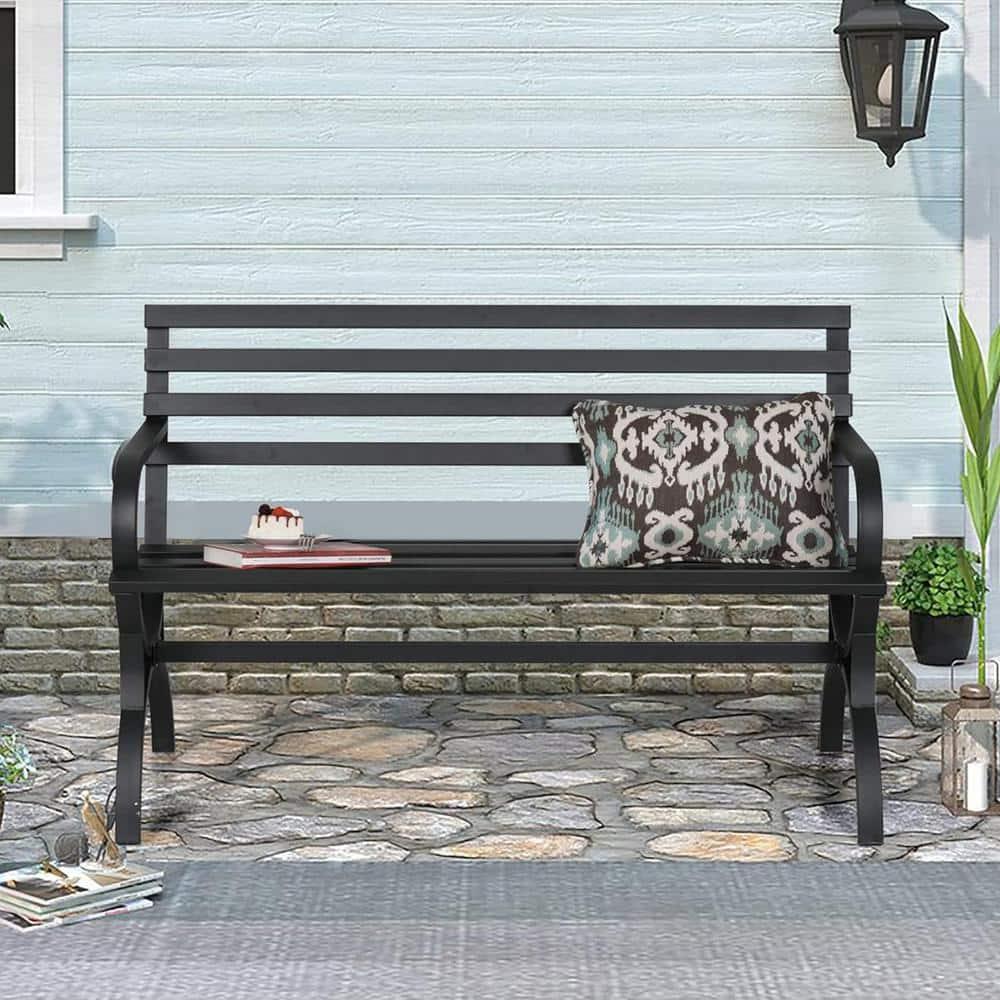 PHI VILLA Outdoor Garden Bench, 48” Long Metal Steel Bench with Backrest and Armrests, Modern Slatted Design for Patio, Lawn, Yard, Porch - Black