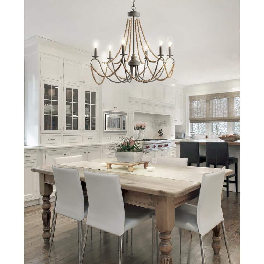 Rustica 6-Light 27" Adjustable Greige Metal/Wood Bead LED Chandelier, Grey/Natural