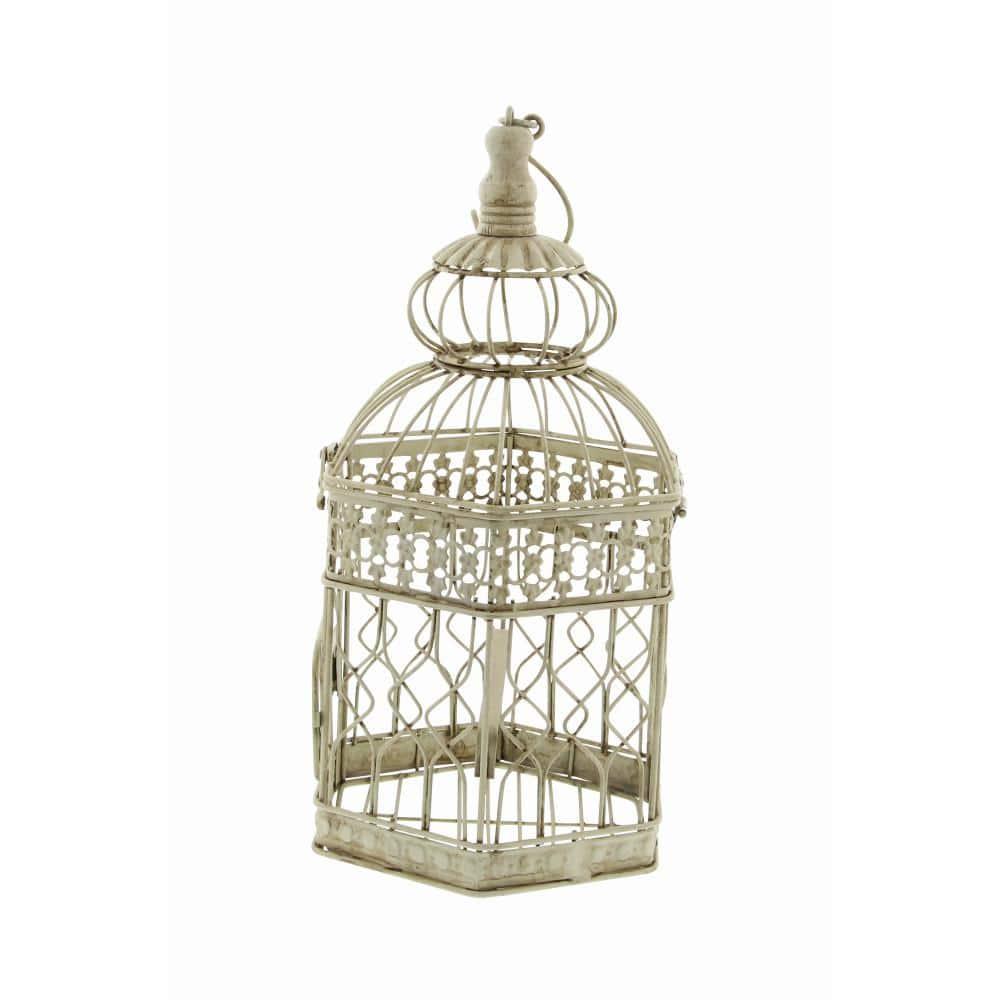 DecMode Cream Vintage Metal Birdcage with Crisscross Vertical Bars and Floral Embossed Design, Set of 2 21", 18"H