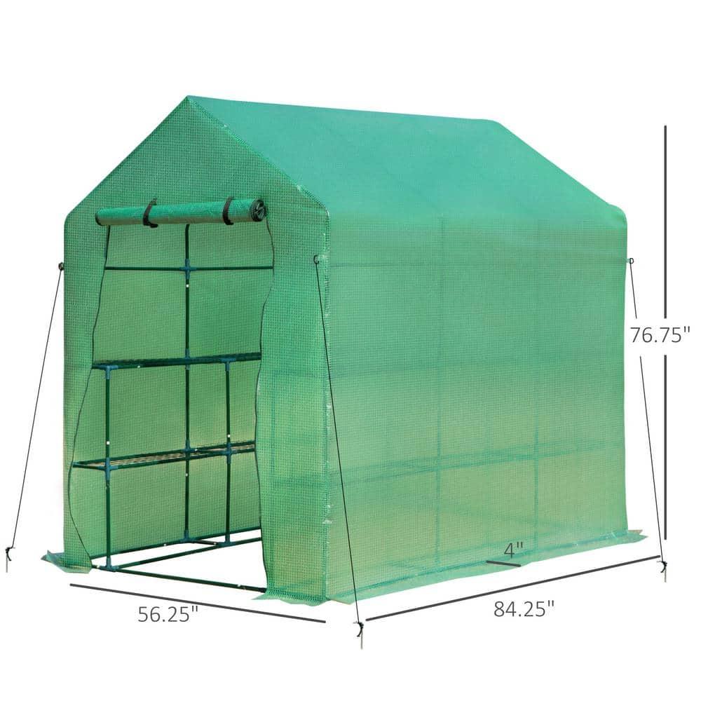 Outsunny 84.25" x 56.25" x 76.75" Walk-in Greenhouse, 2-Tier Shelves, Steel Frame Hot house, Roll-Up Zipper Door for Flowers, Vegetables, Green