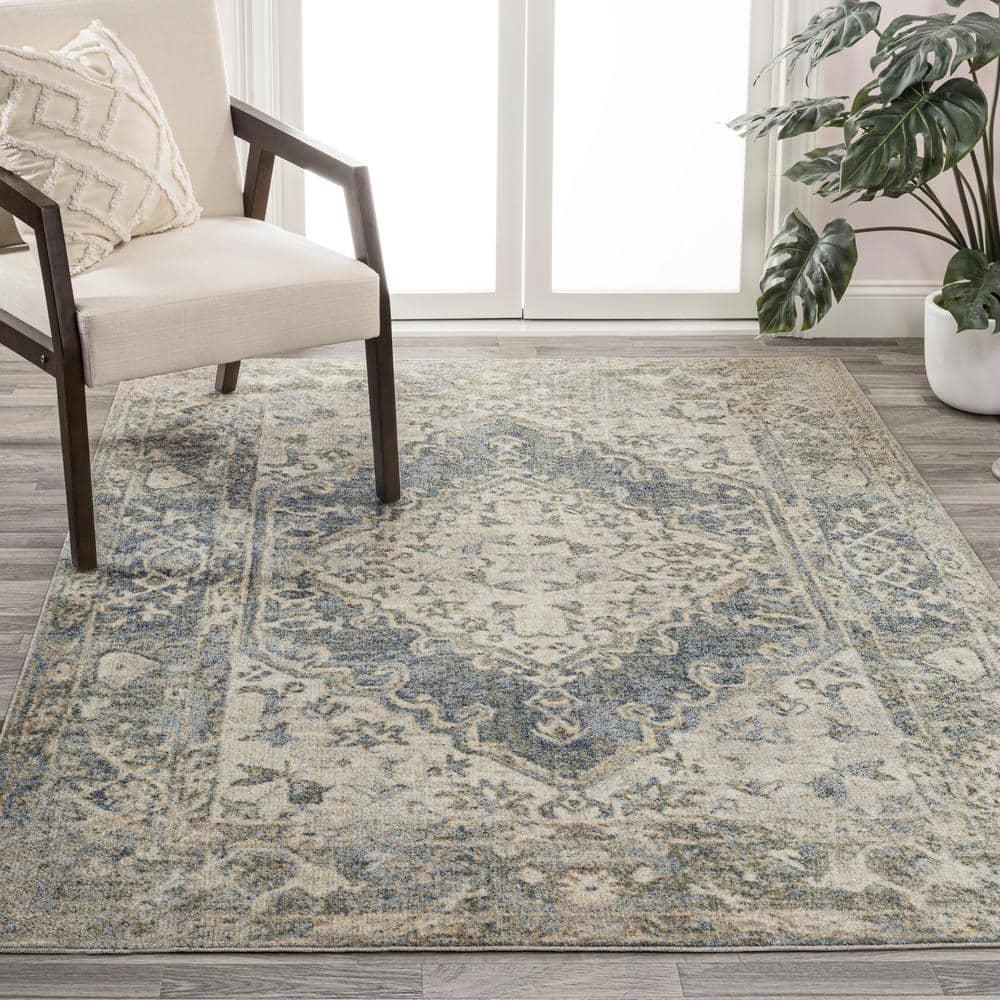 JONATHAN Y Pavel Distressed Medallion Low-Pile Machine-Washable Blue/Cream 4 ft. x 6 ft. Area Rug